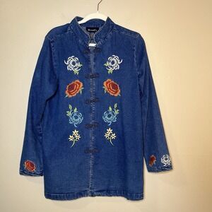 Women's Denim Jacket Long Floral Embroidered Frog Closure 90s Lagenlook Art Wear